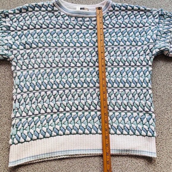 VTG Bonwit Teller Trippy Puff Sweater Men L Cotton Chain Knit Blue Green Indie - Picture 11 of 14